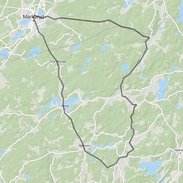 Kartminiatyr av "Markaryd till Vittsjö Landsvägscykeltur" cykelinspiration i Småland med öarna, Sweden. Genererad av Tarmacs.app cykelruttplanerare
