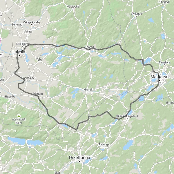 Map miniature of "Markaryd to Knäred Road Route" cycling inspiration in Småland med öarna, Sweden. Generated by Tarmacs.app cycling route planner