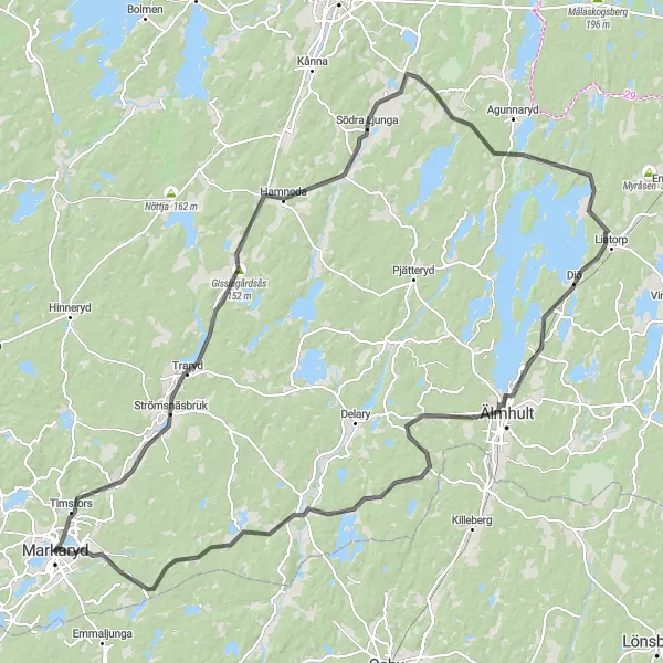 Map miniature of "The Lakes of Småland" cycling inspiration in Småland med öarna, Sweden. Generated by Tarmacs.app cycling route planner