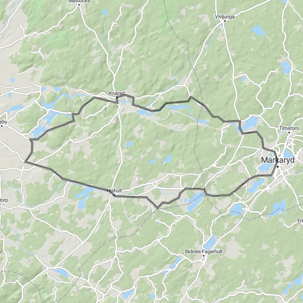 Kartminiatyr av "Markaryd - Hishult - Knäred" cykelinspiration i Småland med öarna, Sweden. Genererad av Tarmacs.app cykelruttplanerare