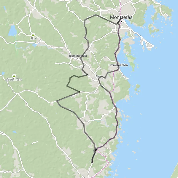 Map miniature of "Coastal Ride to Blomstermåla" cycling inspiration in Småland med öarna, Sweden. Generated by Tarmacs.app cycling route planner