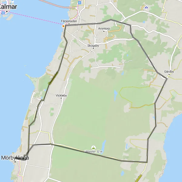 Kartminiatyr av "Färjestaden - Gårdby - Jättesten - Resmo" cykelinspiration i Småland med öarna, Sweden. Genererad av Tarmacs.app cykelruttplanerare