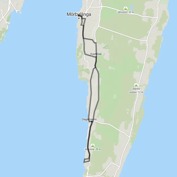 Kartminiatyr av "Mörbylånga till Kastlösa Road Cycling Route" cykelinspiration i Småland med öarna, Sweden. Genererad av Tarmacs.app cykelruttplanerare