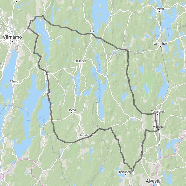 Kartminiatyr av "Rundtur till Rydaholm och Bor" cykelinspiration i Småland med öarna, Sweden. Genererad av Tarmacs.app cykelruttplanerare