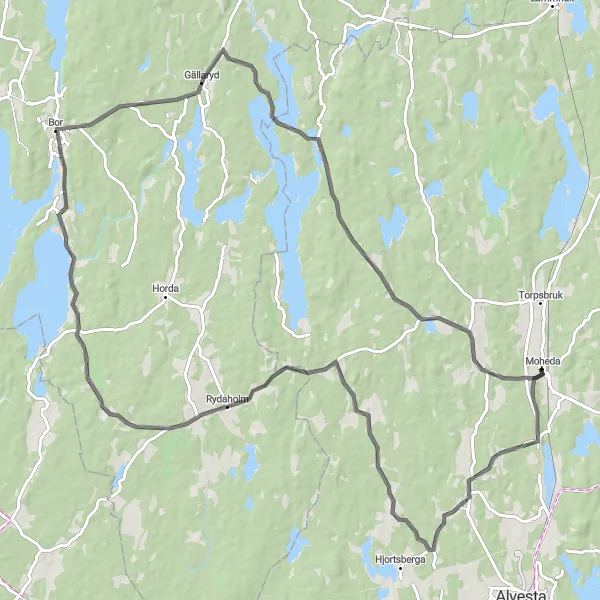 Kartminiatyr av "Historisk cykling runt Bor och Gällaryd" cykelinspiration i Småland med öarna, Sweden. Genererad av Tarmacs.app cykelruttplanerare