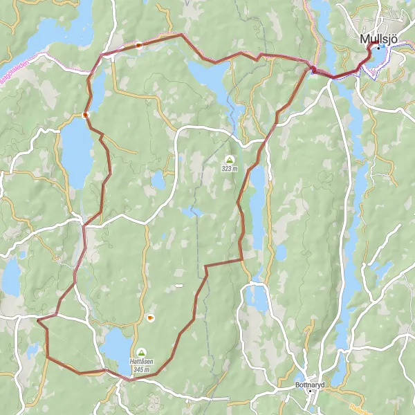 Kartminiatyr av "Runt Mullsjö grusvägscykling" cykelinspiration i Småland med öarna, Sweden. Genererad av Tarmacs.app cykelruttplanerare