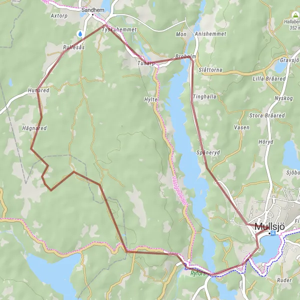 Map miniature of "Exploring Ryfors and Mullsjö Gravel Route" cycling inspiration in Småland med öarna, Sweden. Generated by Tarmacs.app cycling route planner