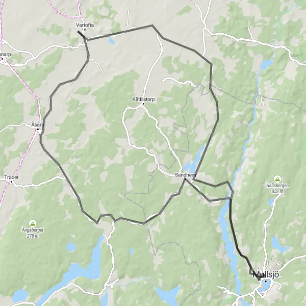 Map miniature of "Road Cycling through Mullsjö and Beyond" cycling inspiration in Småland med öarna, Sweden. Generated by Tarmacs.app cycling route planner