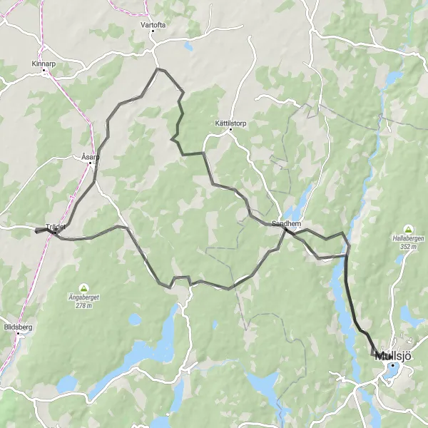 Map miniature of "Thrilling Road Cycling Adventure through Sandhem and Mullsjö" cycling inspiration in Småland med öarna, Sweden. Generated by Tarmacs.app cycling route planner