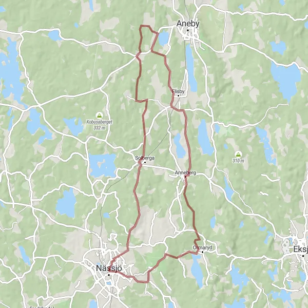 Kartminiatyr av "Grusväg från Nässjö till Flisby" cykelinspiration i Småland med öarna, Sweden. Genererad av Tarmacs.app cykelruttplanerare