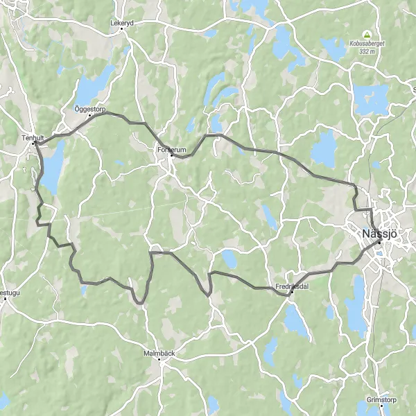 Map miniature of "Nässjö and Tenhultasjön Loop" cycling inspiration in Småland med öarna, Sweden. Generated by Tarmacs.app cycling route planner