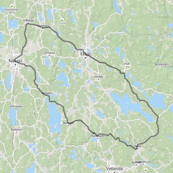 Kartminiatyr av "Nässjö - Anneberg - Eksjö - Skede - Ekenässjön" cykelinspiration i Småland med öarna, Sweden. Genererad av Tarmacs.app cykelruttplanerare