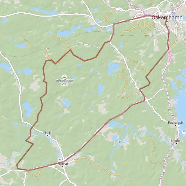 Kartminiatyr av "Skog och sjöar" cykelinspiration i Småland med öarna, Sweden. Genererad av Tarmacs.app cykelruttplanerare