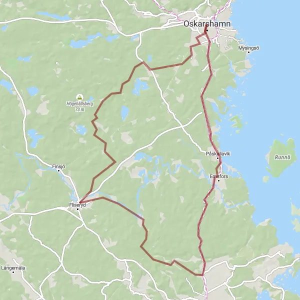 Map miniature of "The Fliseryd Gravel Adventure" cycling inspiration in Småland med öarna, Sweden. Generated by Tarmacs.app cycling route planner