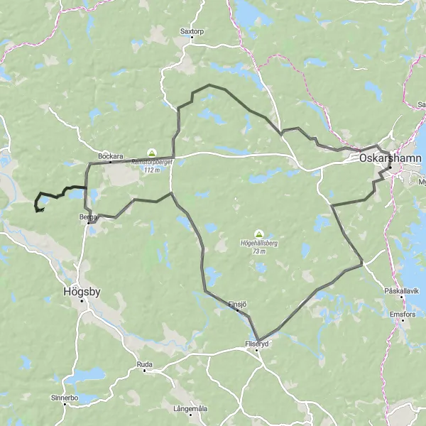 Map miniature of "Berga and Beyond Road Cycling" cycling inspiration in Småland med öarna, Sweden. Generated by Tarmacs.app cycling route planner