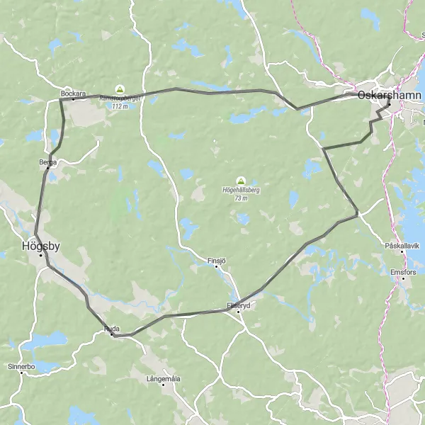 Map miniature of "Coastal Road Cycling Adventure" cycling inspiration in Småland med öarna, Sweden. Generated by Tarmacs.app cycling route planner