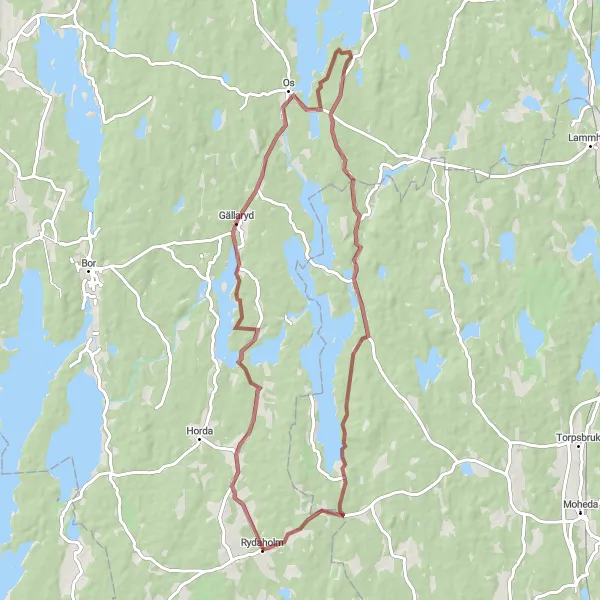 Kartminiatyr av "Äventyrlig Grusväg Rydaholm Runt" cykelinspiration i Småland med öarna, Sweden. Genererad av Tarmacs.app cykelruttplanerare