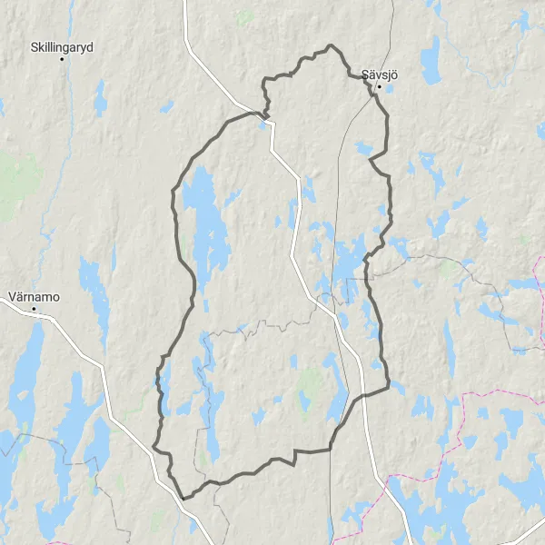 Map miniature of "The Lakes and Forests Loop" cycling inspiration in Småland med öarna, Sweden. Generated by Tarmacs.app cycling route planner