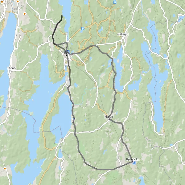 Kartminiatyr av "Vägcykling till Bor och Lången" cykelinspiration i Småland med öarna, Sweden. Genererad av Tarmacs.app cykelruttplanerare