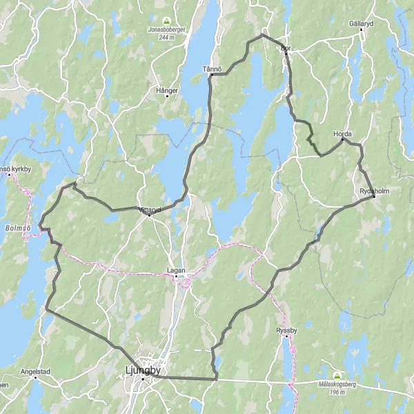 Kartminiatyr av "Södra Sjöar Road Loop" cykelinspiration i Småland med öarna, Sweden. Genererad av Tarmacs.app cykelruttplanerare
