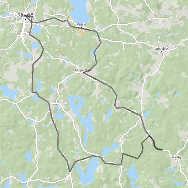 Kartminiatyr av "Sävsjö till Hultsjö och tillbaka" cykelinspiration i Småland med öarna, Sweden. Genererad av Tarmacs.app cykelruttplanerare