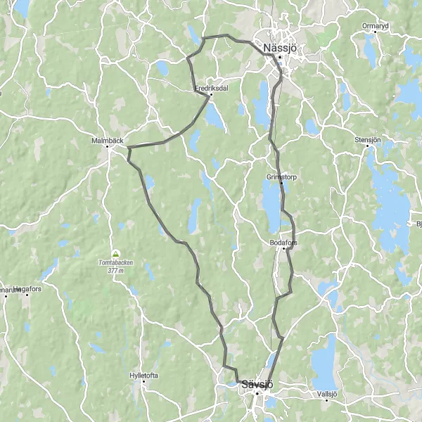 Kartminiatyr av "Sävsjö till Bodafors och tillbaka" cykelinspiration i Småland med öarna, Sweden. Genererad av Tarmacs.app cykelruttplanerare