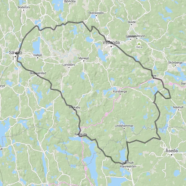 Map miniature of "Sävsjö to Vetlanda via Ramkvilla and Ekesjö" cycling inspiration in Småland med öarna, Sweden. Generated by Tarmacs.app cycling route planner