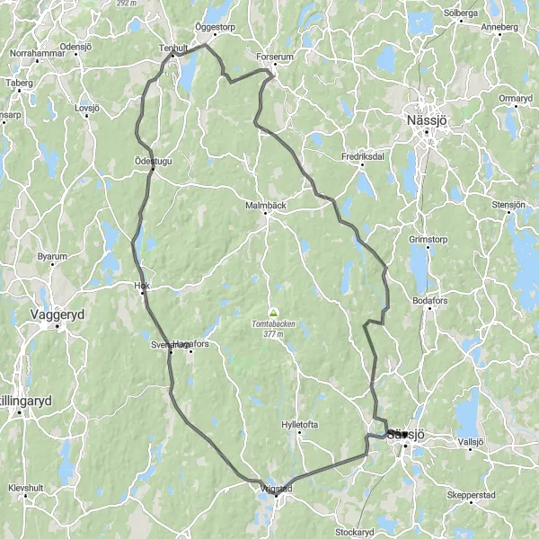 Map miniature of "Sävsjö Loop" cycling inspiration in Småland med öarna, Sweden. Generated by Tarmacs.app cycling route planner