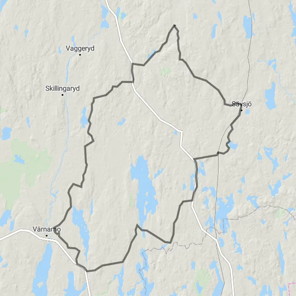 Kartminiatyr av "Stockaryd - Gällaryd - Starkeryd - Tomtabacken - Komstad" cykelinspiration i Småland med öarna, Sweden. Genererad av Tarmacs.app cykelruttplanerare