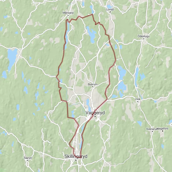 Kartminiatyr av "Äventyrlig Tur till Skillingaryd" cykelinspiration i Småland med öarna, Sweden. Genererad av Tarmacs.app cykelruttplanerare