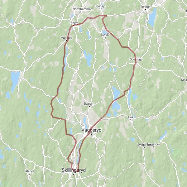 Kartminiatyr av "Grusbana till Månsarp" cykelinspiration i Småland med öarna, Sweden. Genererad av Tarmacs.app cykelruttplanerare