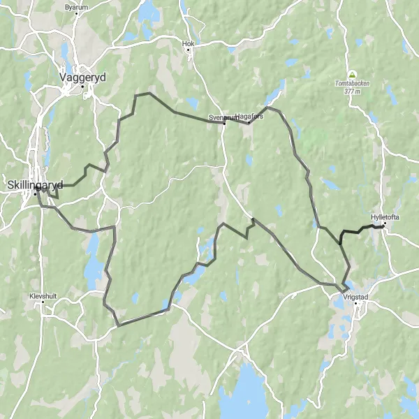 Kartminiatyr av "Slingrande Via Svenarum" cykelinspiration i Småland med öarna, Sweden. Genererad av Tarmacs.app cykelruttplanerare