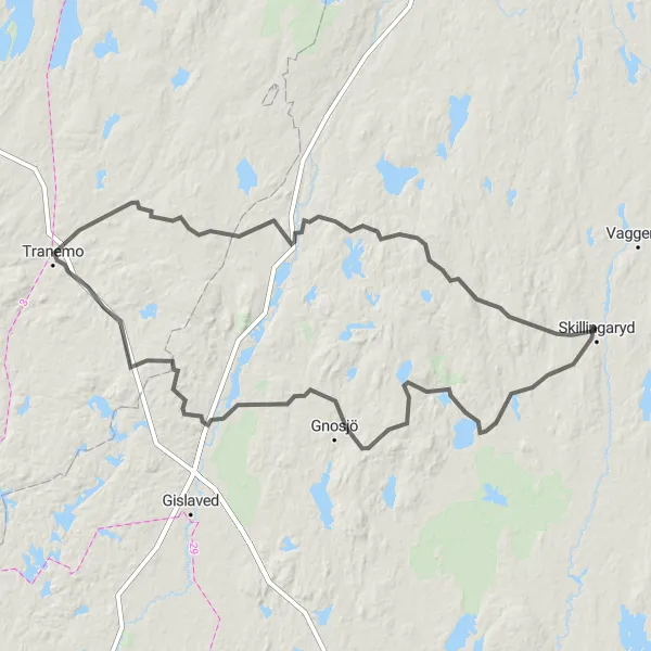 Kartminiatyr av "Vägcykling till Tranemo och Valdshult" cykelinspiration i Småland med öarna, Sweden. Genererad av Tarmacs.app cykelruttplanerare