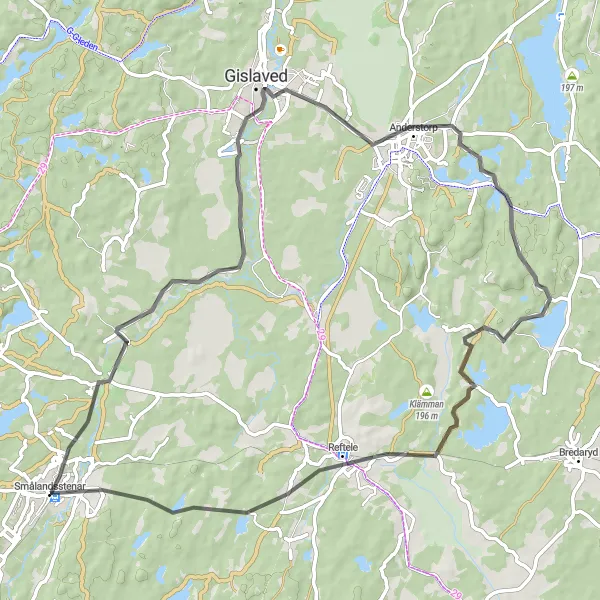 Map miniature of "Gislaved Loop" cycling inspiration in Småland med öarna, Sweden. Generated by Tarmacs.app cycling route planner