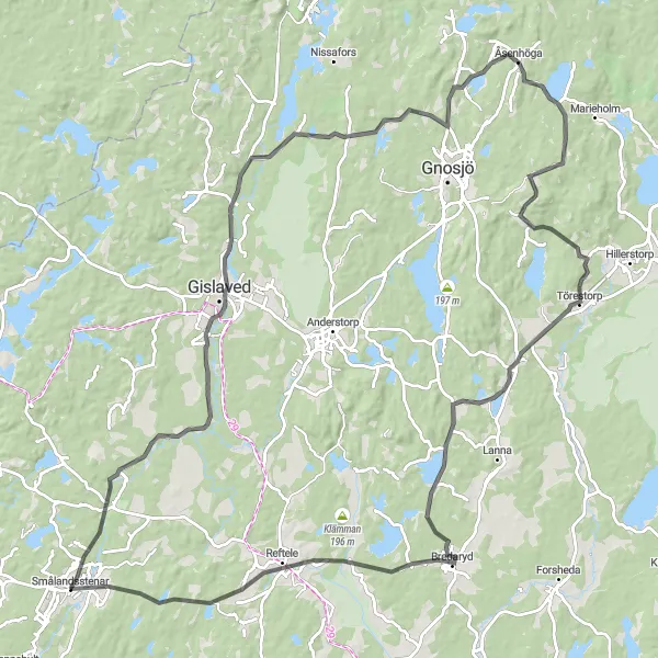 Map miniature of "Gislaved-Bredaryd Loop" cycling inspiration in Småland med öarna, Sweden. Generated by Tarmacs.app cycling route planner