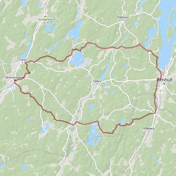 Map miniature of "Traryd Loop via Loshult and Hallaryd" cycling inspiration in Småland med öarna, Sweden. Generated by Tarmacs.app cycling route planner