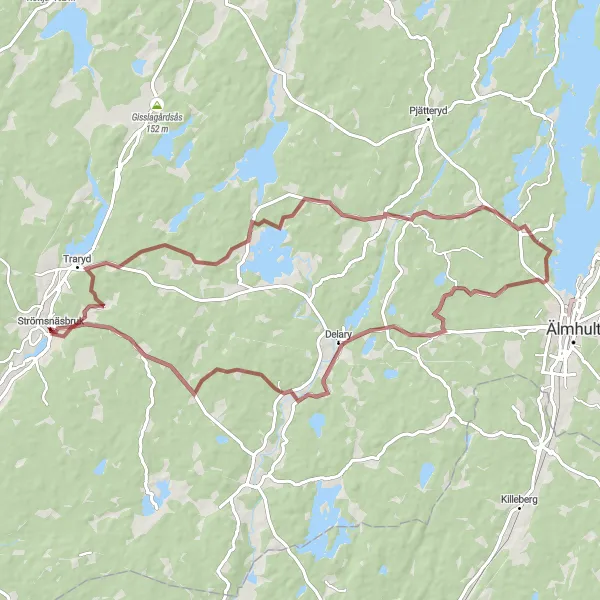 Map miniature of "The Gravel Escape" cycling inspiration in Småland med öarna, Sweden. Generated by Tarmacs.app cycling route planner