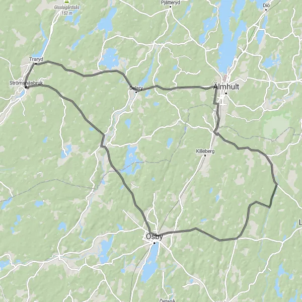 Kartminiatyr av "Brokhult och Osby Road Adventure" cykelinspiration i Småland med öarna, Sweden. Genererad av Tarmacs.app cykelruttplanerare