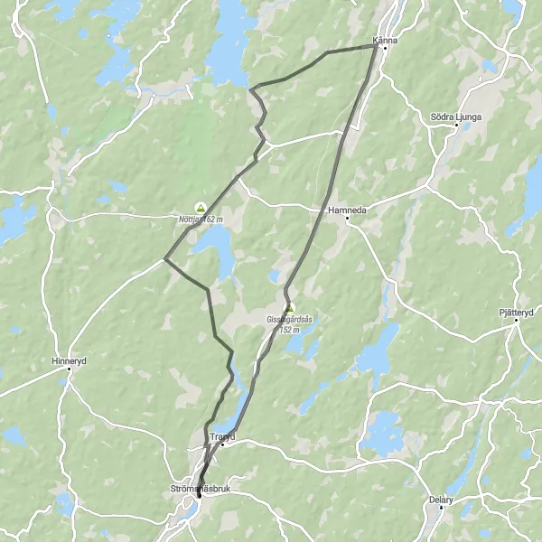 Map miniature of "Gisslagårdsås Loop via Nöttja and Traryd" cycling inspiration in Småland med öarna, Sweden. Generated by Tarmacs.app cycling route planner