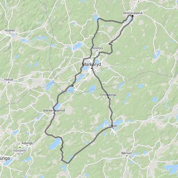 Kartminiatyr av "Markaryd och Vittsjö Road Loop" cykelinspiration i Småland med öarna, Sweden. Genererad av Tarmacs.app cykelruttplanerare