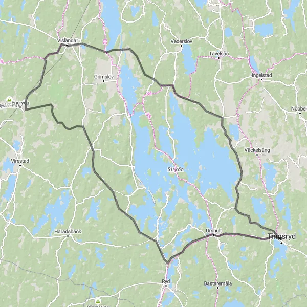 Map miniature of "The Urshult Loop" cycling inspiration in Småland med öarna, Sweden. Generated by Tarmacs.app cycling route planner