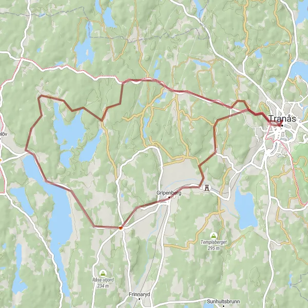 Map miniature of "Gripenbergs Gravel Loop" cycling inspiration in Småland med öarna, Sweden. Generated by Tarmacs.app cycling route planner