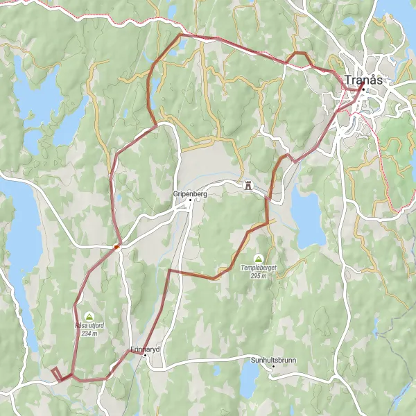 Map miniature of "Gravel Gem: Frinnaryd Circuit" cycling inspiration in Småland med öarna, Sweden. Generated by Tarmacs.app cycling route planner