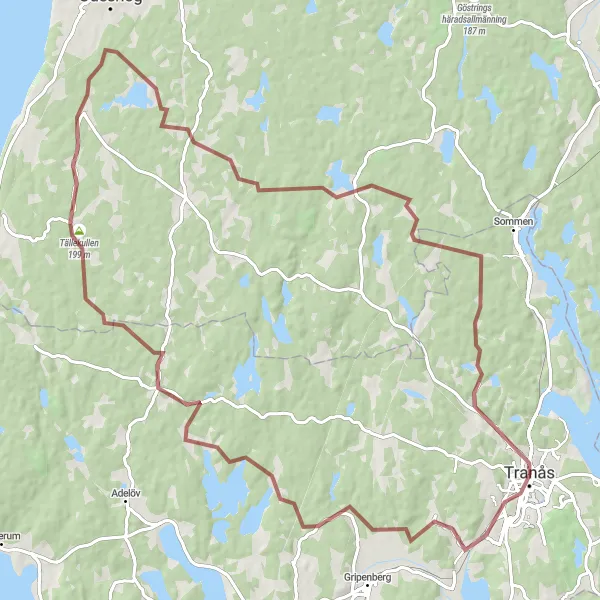 Map miniature of "Tällekullen Gravel Circuit" cycling inspiration in Småland med öarna, Sweden. Generated by Tarmacs.app cycling route planner