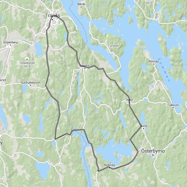 Kartminiatyr av "Tranås - Asby - Rydsnäs Rundtur" cykelinspiration i Småland med öarna, Sweden. Genererad av Tarmacs.app cykelruttplanerare