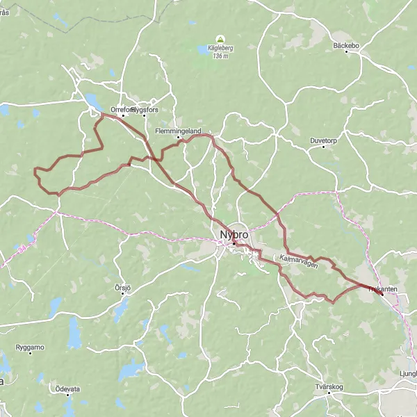 Map miniature of "Orrefors Gravel Adventure" cycling inspiration in Småland med öarna, Sweden. Generated by Tarmacs.app cycling route planner