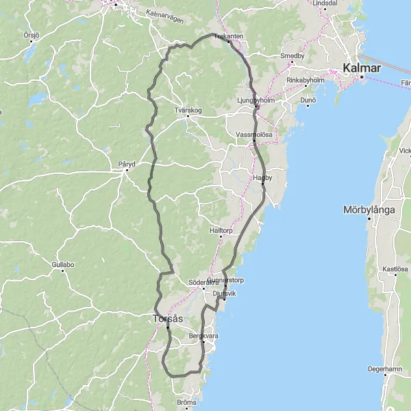 Map miniature of "Trekanten Gran Fondo" cycling inspiration in Småland med öarna, Sweden. Generated by Tarmacs.app cycling route planner