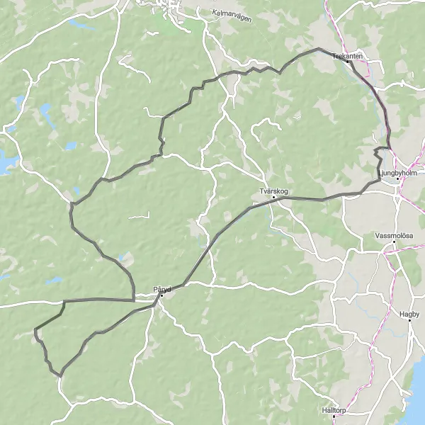 Kartminiatyr av "Trekanten - Påryd - Alsjöholm - Sankt Sigfrid - Trekanten" cykelinspiration i Småland med öarna, Sweden. Genererad av Tarmacs.app cykelruttplanerare