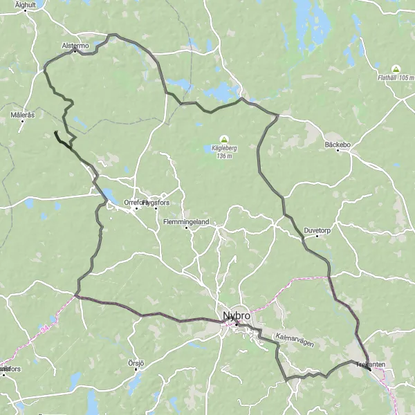 Kartminiatyr av "Trekanten - Sankt Sigfrid - Nybro - Alstermo - Trekanten" cykelinspiration i Småland med öarna, Sweden. Genererad av Tarmacs.app cykelruttplanerare