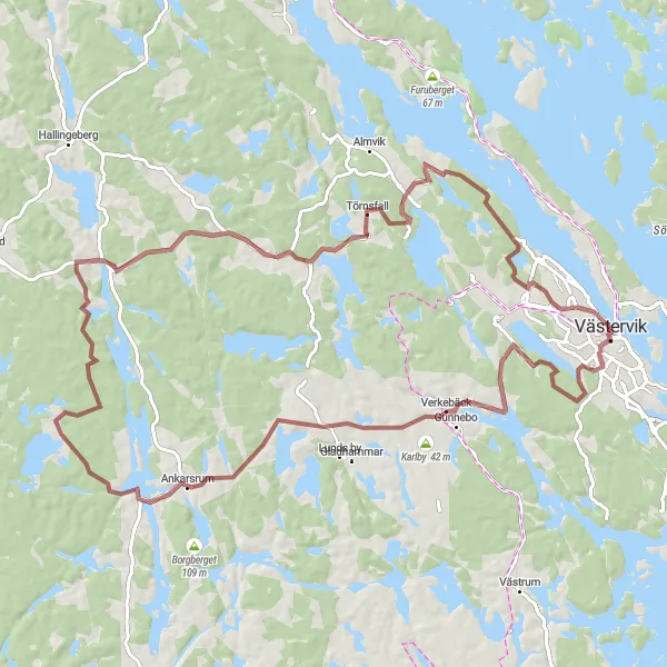 Kartminiatyr av "Utflykt till Jenny via Karlby" cykelinspiration i Småland med öarna, Sweden. Genererad av Tarmacs.app cykelruttplanerare